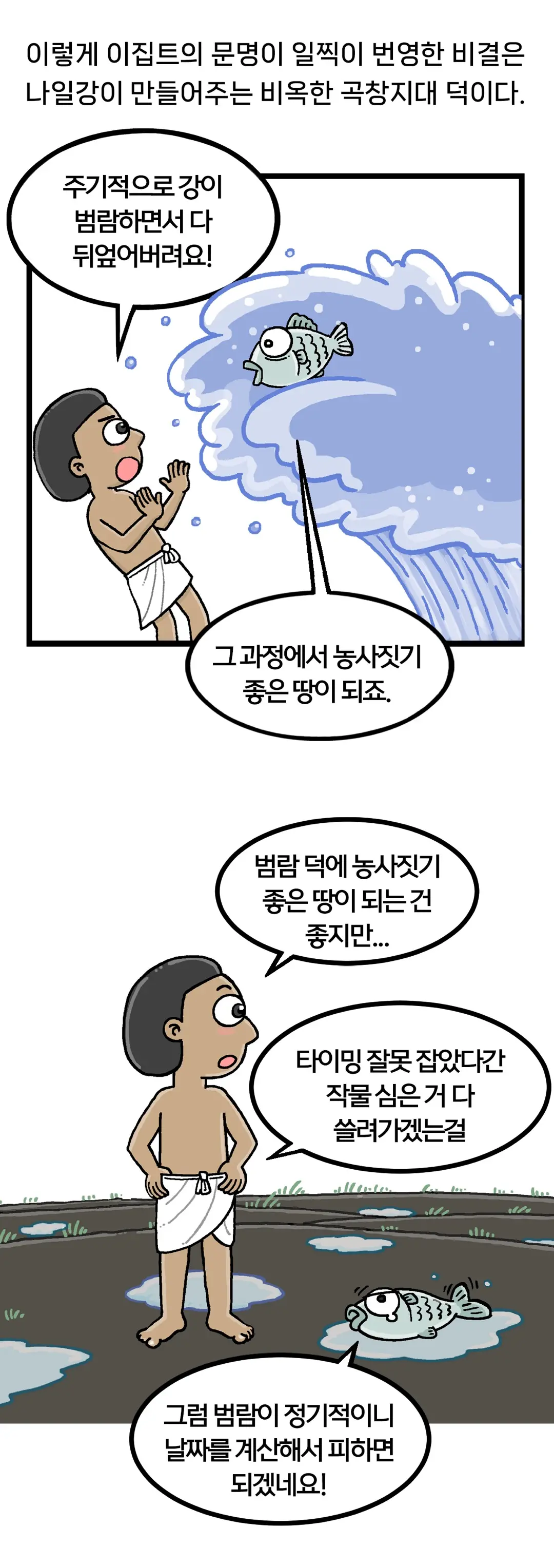 이렇게 이집트의 문명이 일찍이 번영한 비결은 나일강이 만들어주는 비옥한 곡창지대 덕이다. 주기적으로 강이 범람하면서 다 뒤엎어버려요! 그 과정에서 농사짓기 좋은 땅이 되죠. 범람 덕에 농사짓기 좋은 땅이 되는 건 좋지만... 타이밍 잘못 잡았다간 작물 심은 거 다 쓸려가겠는걸. 그럼 범람이 정기적이니 날짜를 계산해서 피하면 되겠네요!