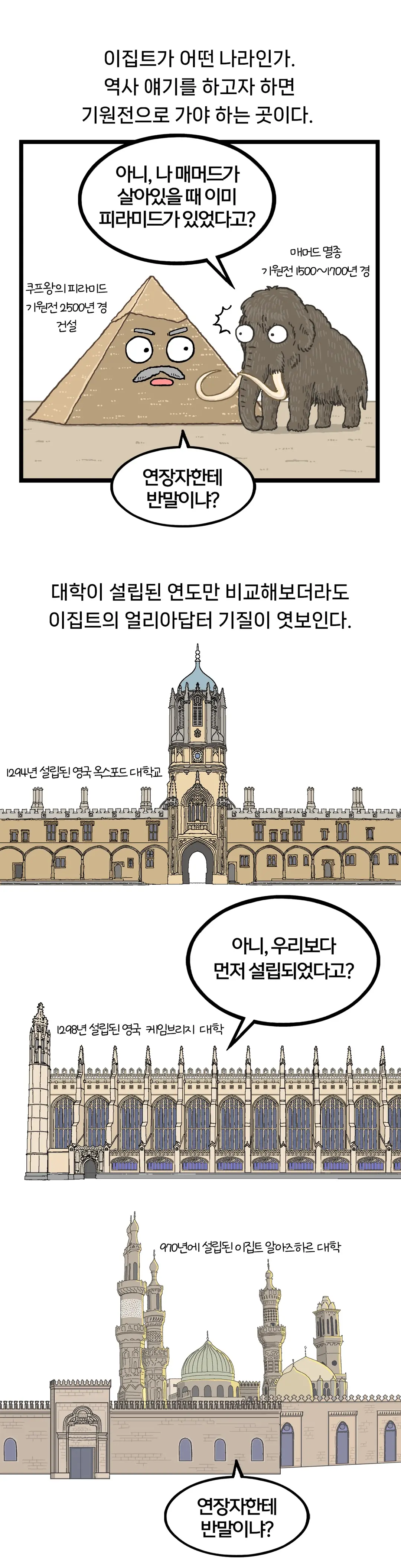 이집트가 어떤 나라인가. 역사 얘기를 하고자 하면 기원전으로 가야 하는 곳이다. 쿠프왕의 피라미드 기원전 2500년 경 건설. 매머드 멸종 기원전 1500에서 1700년 경. 아니, 나 매머드가 살아있을 때 이미 피라미드가 있었다고? 연장자한테 반말이냐? 대학이 설립된 연도만 비교해보더라도 이집트의 얼리아답터 기질이 엿보인다. 1294년 설립된 영국 옥스포드 대학교. 1298년 설립된 영국 케임브리지 대학. 아니, 우리보다 먼저 설립되었다고? 970년에 설립된 이집트 알아즈하르 대학. 연장자한테 반말이냐?